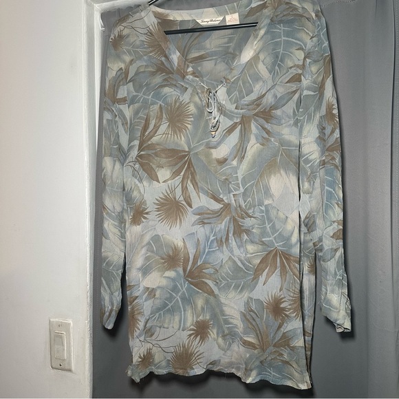 Tommy Bahama Blue and Brown Leaf Print Silk Sheer Blouse XL - Picture 3 of 16